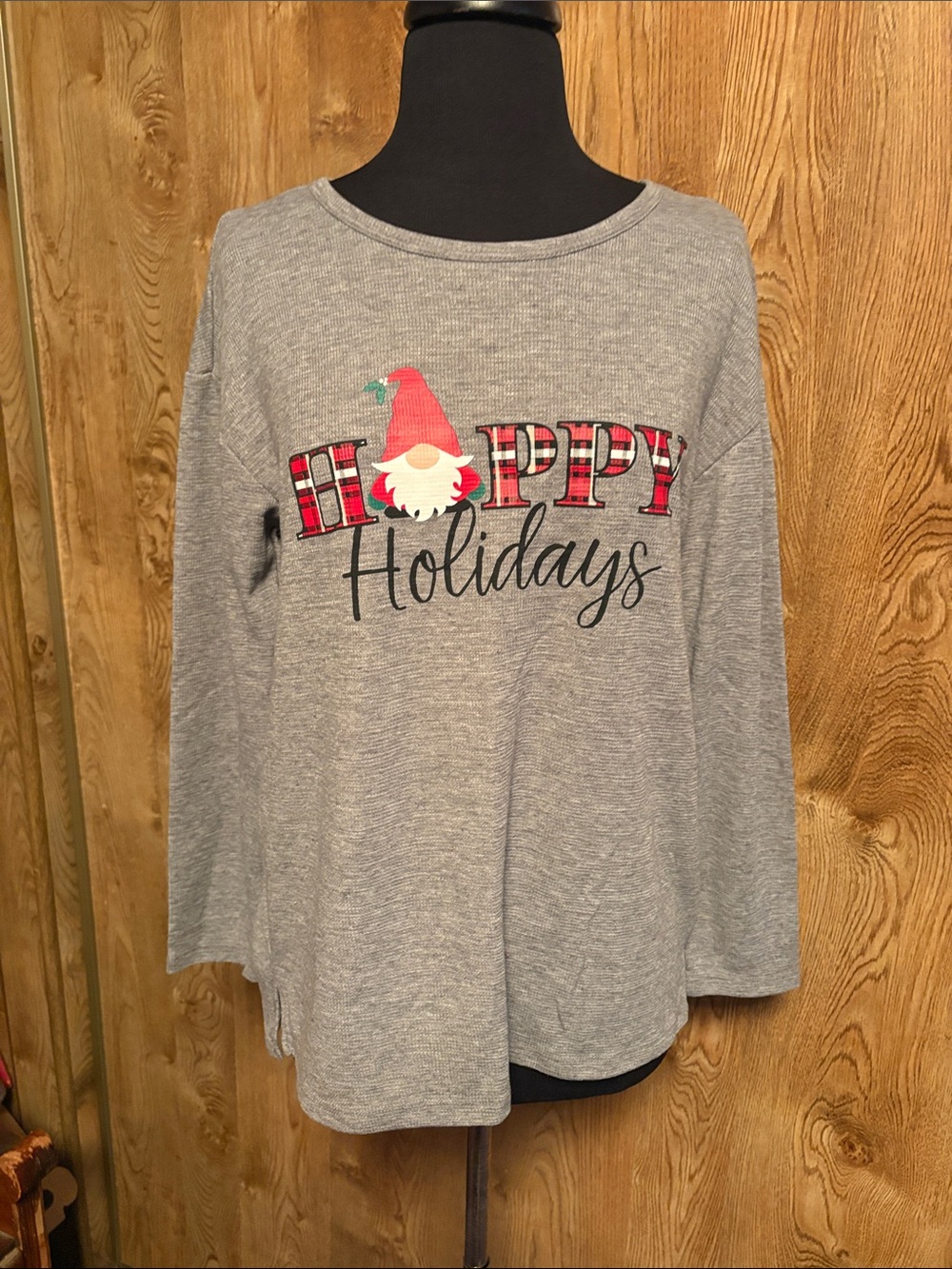 Gray "Happy Holidays" Gnome Long-Sleeve Tee